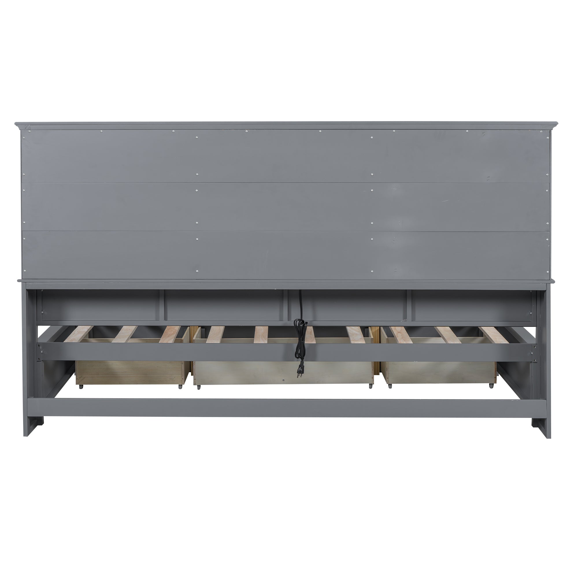 Twin Size Wood Daybed with Multi-Storage Shelves, Charging Station and 3 Drawers, Gray
