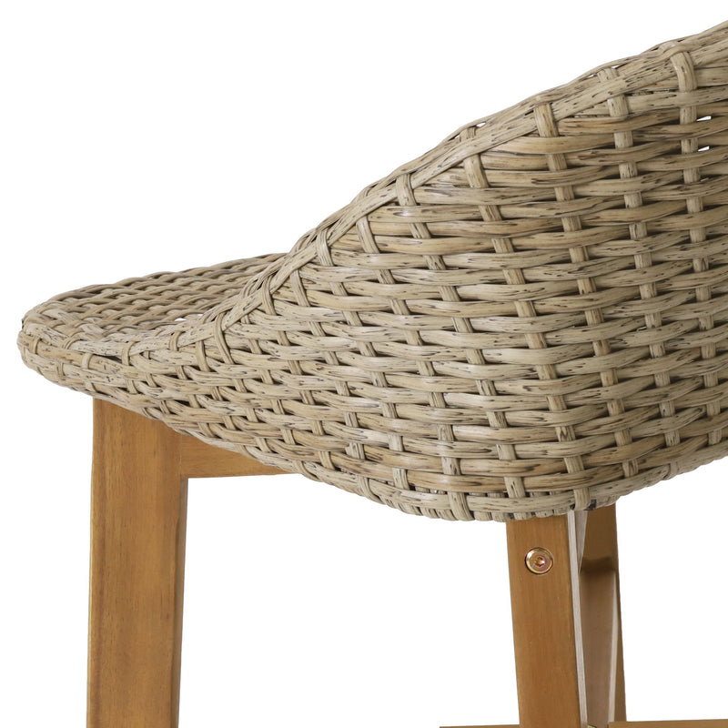 Beeson - Outdoor Wicker And Acacia Wood Barstools Set, Water Resistant - Brown