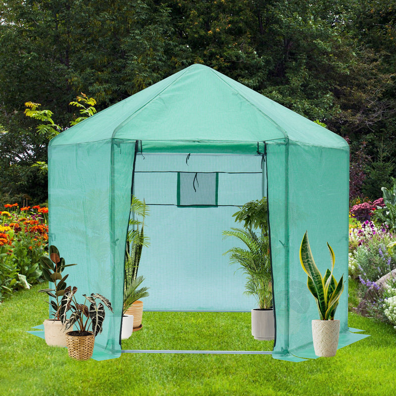 Walk-in Greenhouse Hexagonal Upgrade Reinforced Frame Heavy Duty Plastic Greenhouse Reinforced Thickened Waterproof Insulation (9.2*8.1 ft) - Green