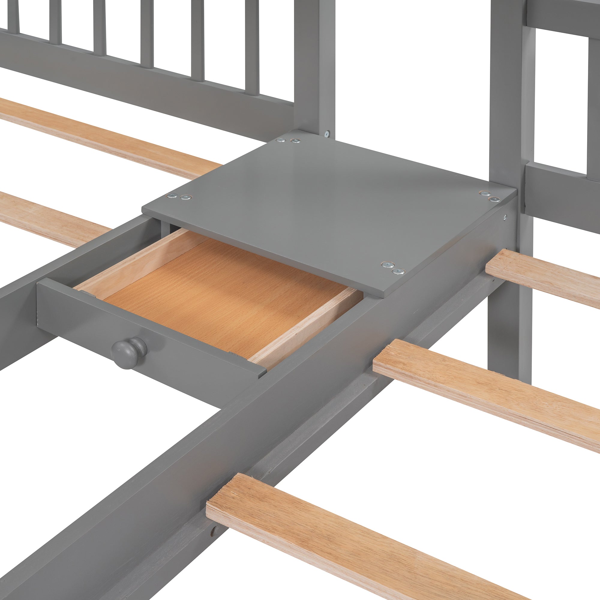 Full Over Twin & Twin Bunk Bed, Wood Triple Bunk Bed with Drawers and Guardrails (Gray) - Atlantic Fine Furniture Melbourne FL