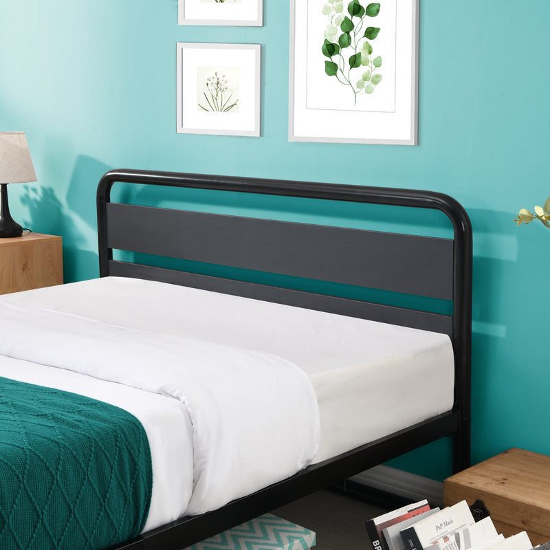 Industrial Platform Queen Bed Frame/Mattress Foundation with Rustic Headboard and Footboard, Strong Steel Slat Support, No Box Spring Needed, Noise Free, Easy Assembly
