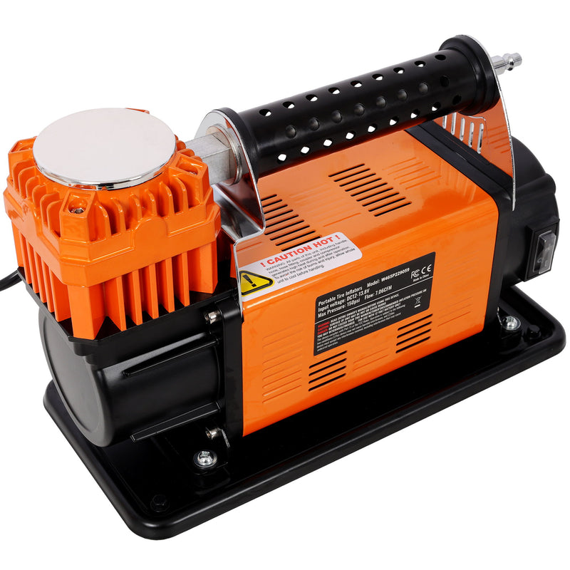 Heavy Duty 12V Air Compressor, Tire Inflator With Pressure Gauge, Compact Size - Black / Orange