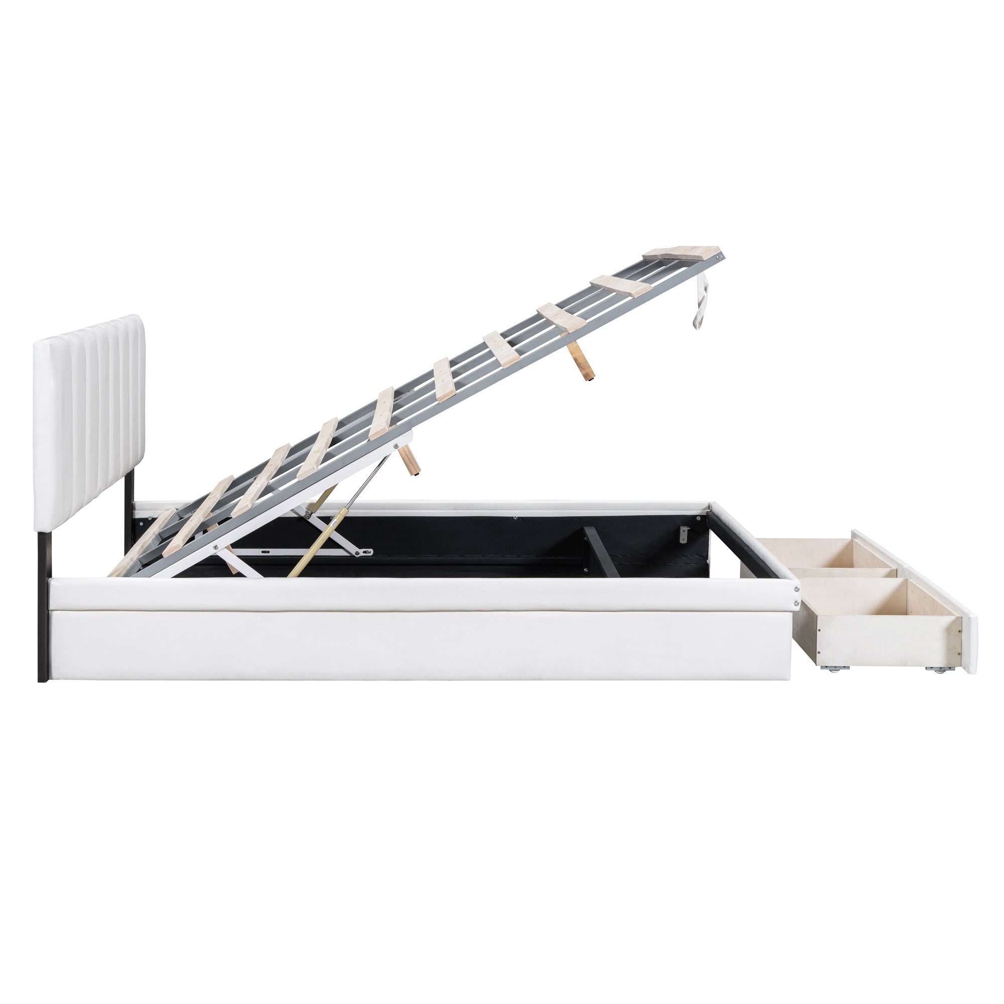 Queen Size Upholstered Bed with Hydraulic Storage System and Drawer, White - Atlantic Fine Furniture Melbourne FL