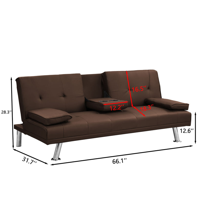 Futon Sofa Bed With Armrest Two Holders Wood Frame, Stainless Leg