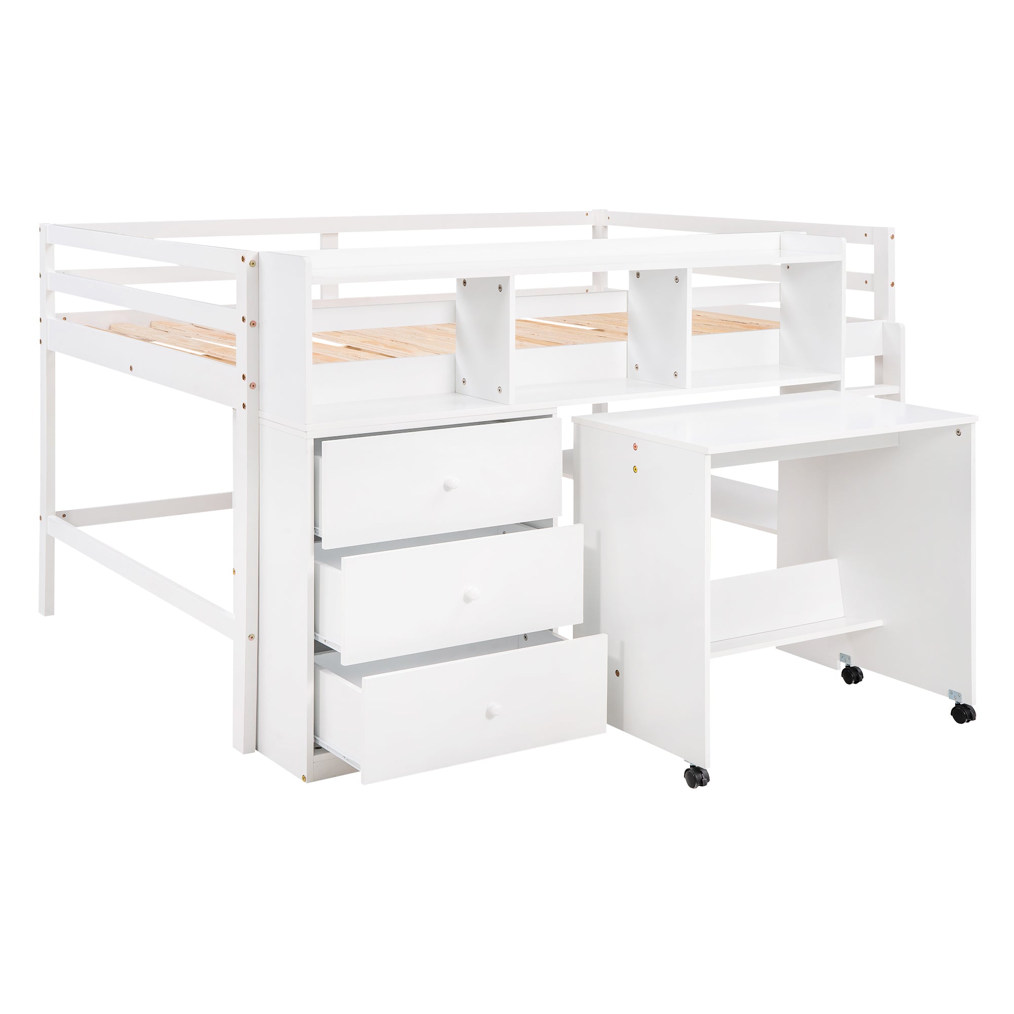 Full Size Low Loft Bed with Rolling Portable Desk, Drawers and Shelves, White(Old SKU: GX000711AAK)
