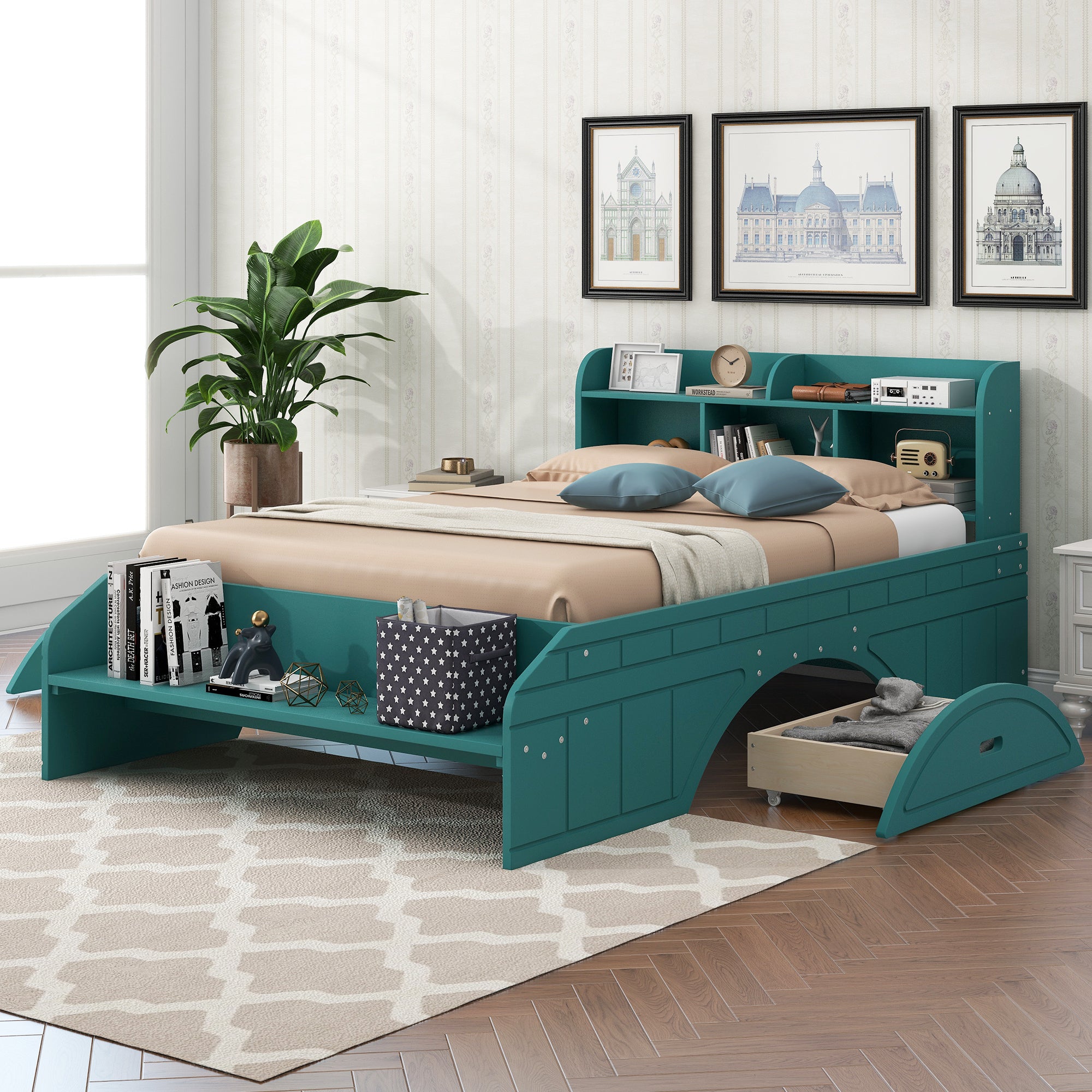 Wood Full Size Platform Bed with 2 Drawers, Storage  Headboard and Footboard, Dark Green - Atlantic Fine Furniture Melbourne FL