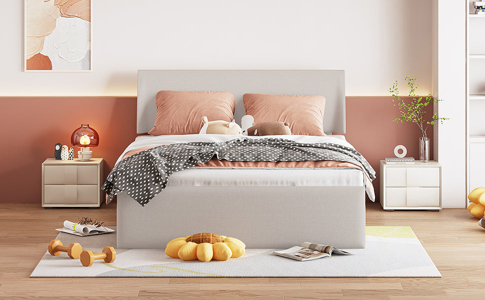 Queen Size Sleigh Bed with Side-Tilt Hydraulic Storage System, Linen Upholstery, Beige - Atlantic Fine Furniture Melbourne FL