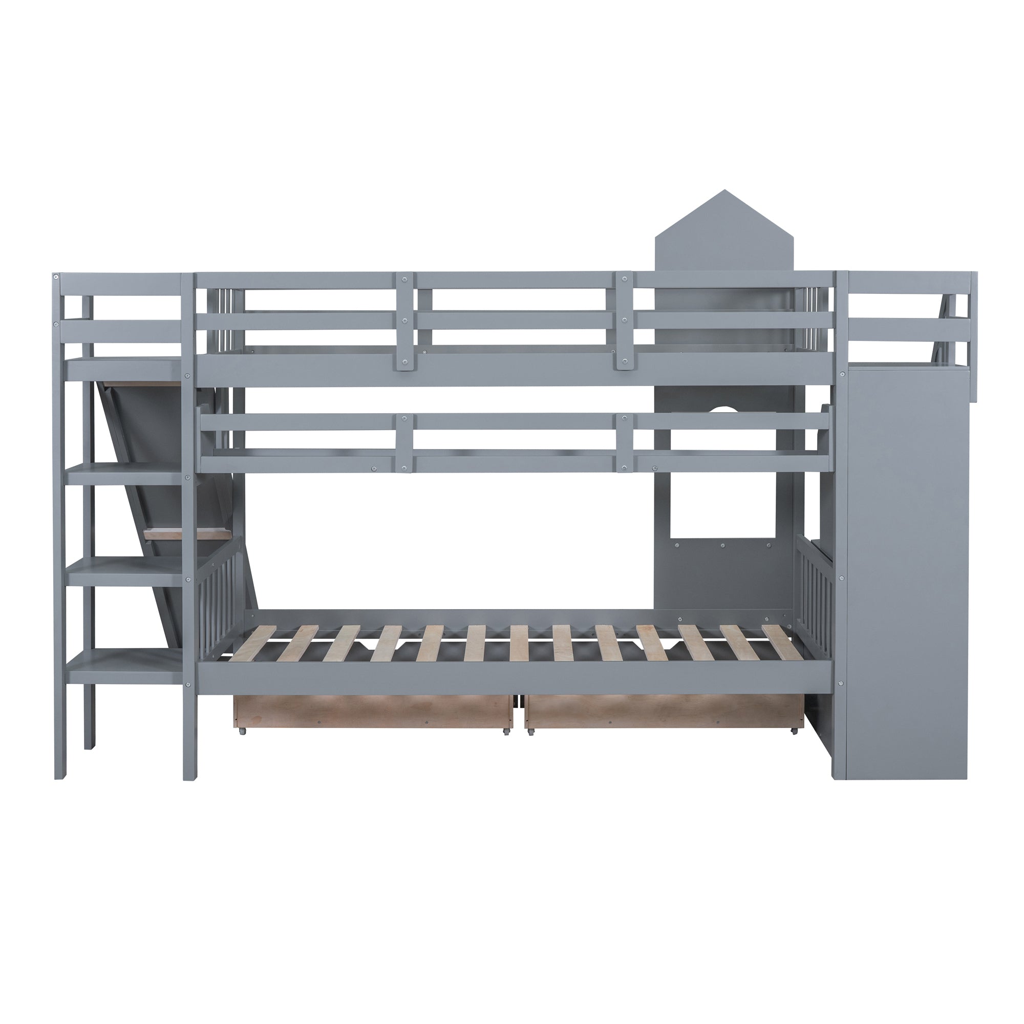 Twin-Over-Twin Castle Style Bunk Bed with 2 Drawers 3 Shelves and Slide - Gray - Atlantic Fine Furniture Melbourne FL