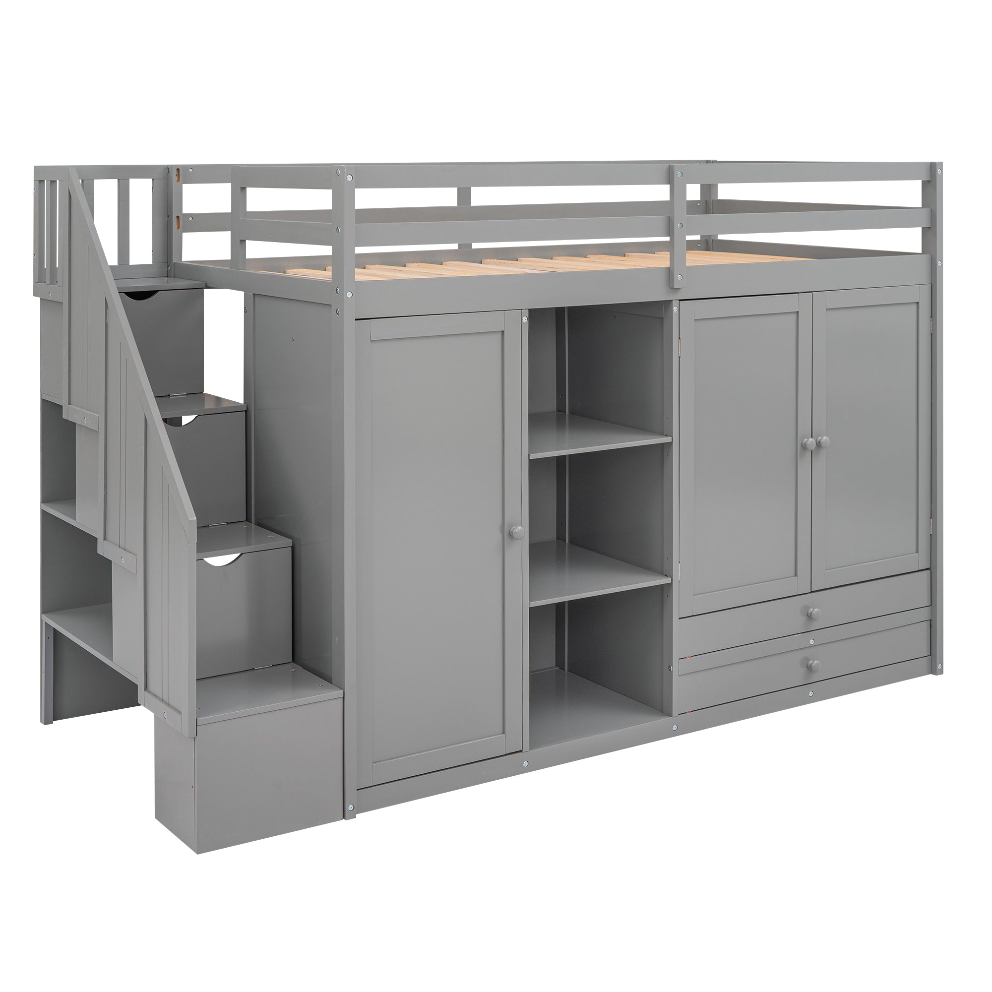 Functional Loft Bed with 3 Shelves, 2 Wardrobes and 2 Drawers,  Ladder with Storage, No Box Spring Needed, Gray - Atlantic Fine Furniture Melbourne FL