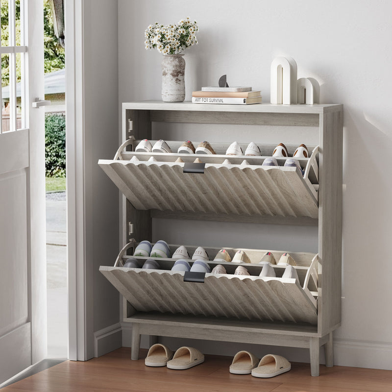 Shoe Cabinet With 2 Flip Drawers, Fluted Shoe Storage Cabinet For Entryway, Free Standing Shoe Storage Organizer With Wave Doors For Heels, Boots, Slippers In Hallway, Living Room - Gray