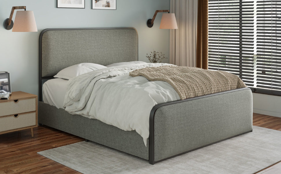Modern Metal Bed Frame with Curved Upholstered Headboard and Footboard Bed with 4 Storage Drawers, Heavy Duty Metal Slats, Full Size, Grey - Atlantic Fine Furniture Melbourne FL