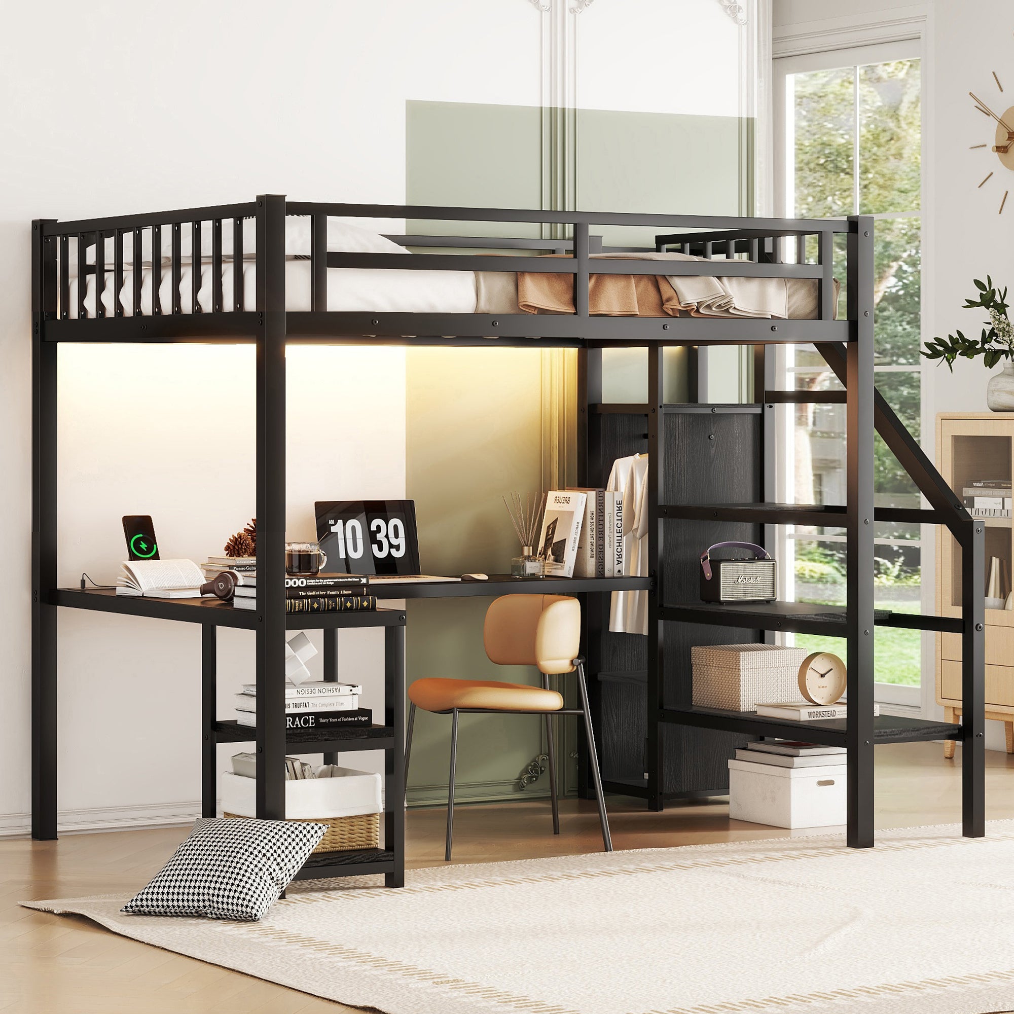 Metal Full Loft Bed with Wardrobe and LED Light, Full Size Loft Bed with L Shaped Desk and USB for Kids Teens Adults, Black (Expect arrival date 2024/5/19)