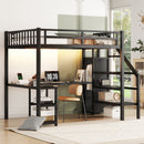 Metal Full Loft Bed with Wardrobe and LED Light, Full Size Loft Bed with L Shaped Desk and USB for Kids Teens Adults, Black (Expect arrival date 2024/5/19)