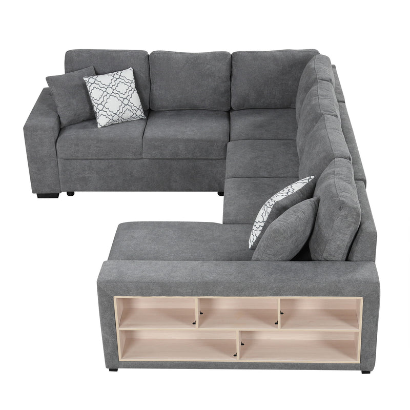 U-Shaped Sectional Sofa Pull-Out Sofa Bed With Two USB Ports, A Storage Chaise Lounge And Four Back Pillows For Living Room