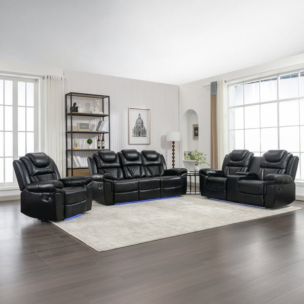 3 Pieces Recliner Sofa Sets Home Theater Seating Manual Recliner Chair with Center Console and LED Light Strip for Living Room, Black