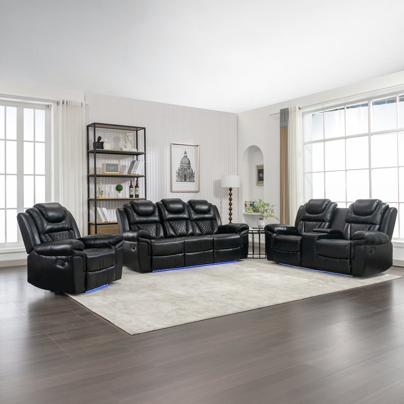 3 Pieces Recliner Sofa Sets Home Theater Seating Manual Recliner Chair with Center Console and LED Light Strip for Living Room, Black