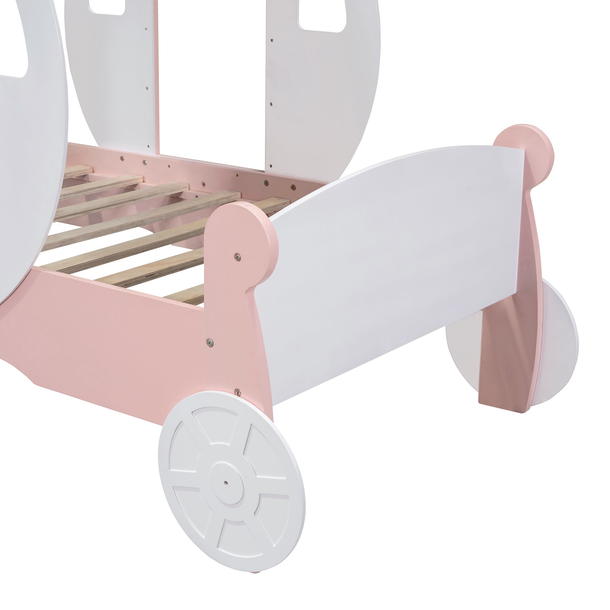 Twin size Princess Carriage Bed with Crown ,Wood Platform Car Bed with Stair,White+Pink - Atlantic Fine Furniture Melbourne FL