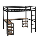 Full XL Metal Loft Bed with Desk and Shelves, Loft Bed with Ladder and Guardrails, Loft Bed Frame for Bedroom, Black