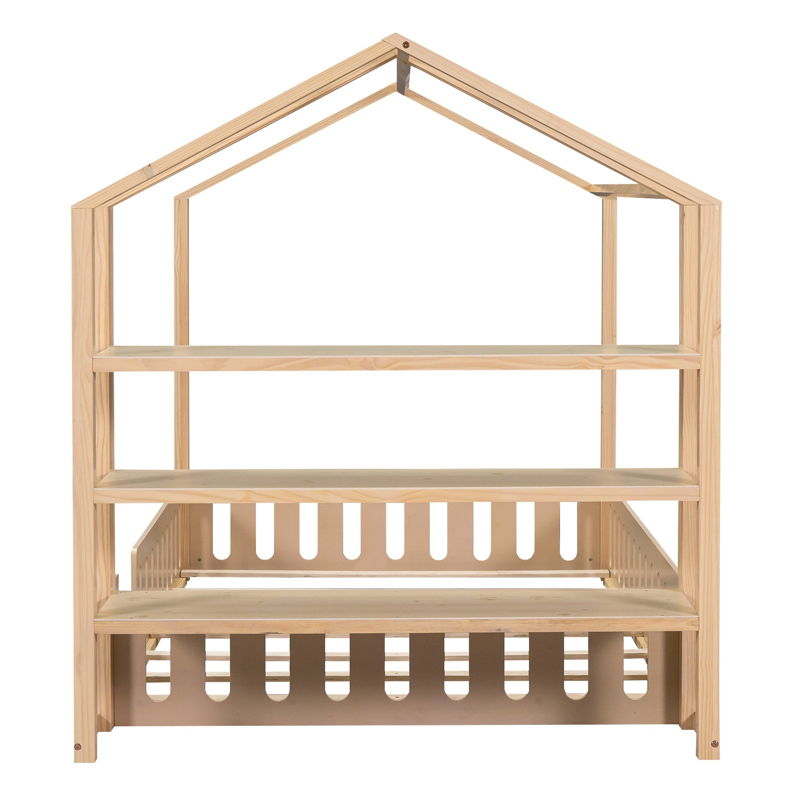 Full Size Wood House Bed with Fence and Detachable Storage Shelves, Natural