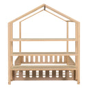 Full Size Wood House Bed with Fence and Detachable Storage Shelves, Natural
