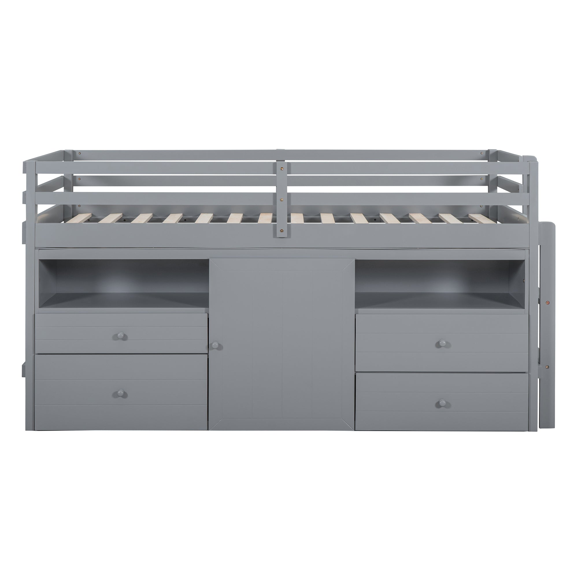 Twin Size Loft Bed with 4 Drawers, Underneath Cabinet and Shelves, Gray - Atlantic Fine Furniture Melbourne FL
