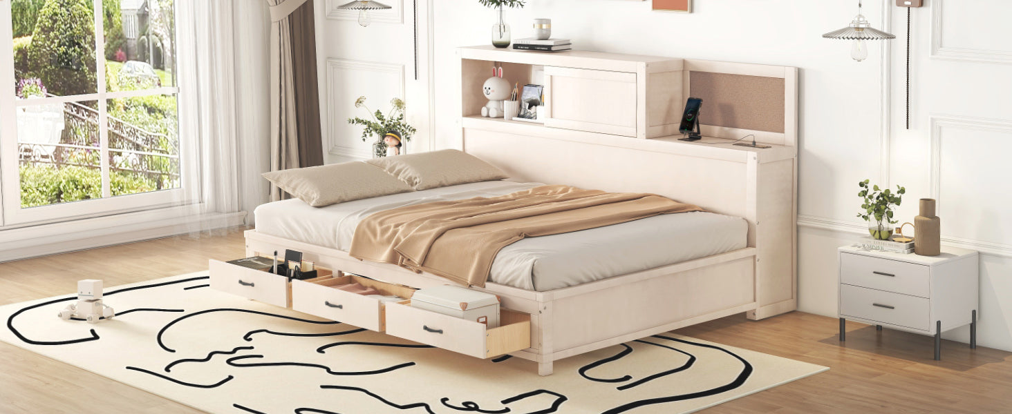 Full Size Wooden Daybed with 3 Storage Drawers, Upper Soft Board, shelf, and a set of Sockets and USB Ports, White - Atlantic Fine Furniture Melbourne FL