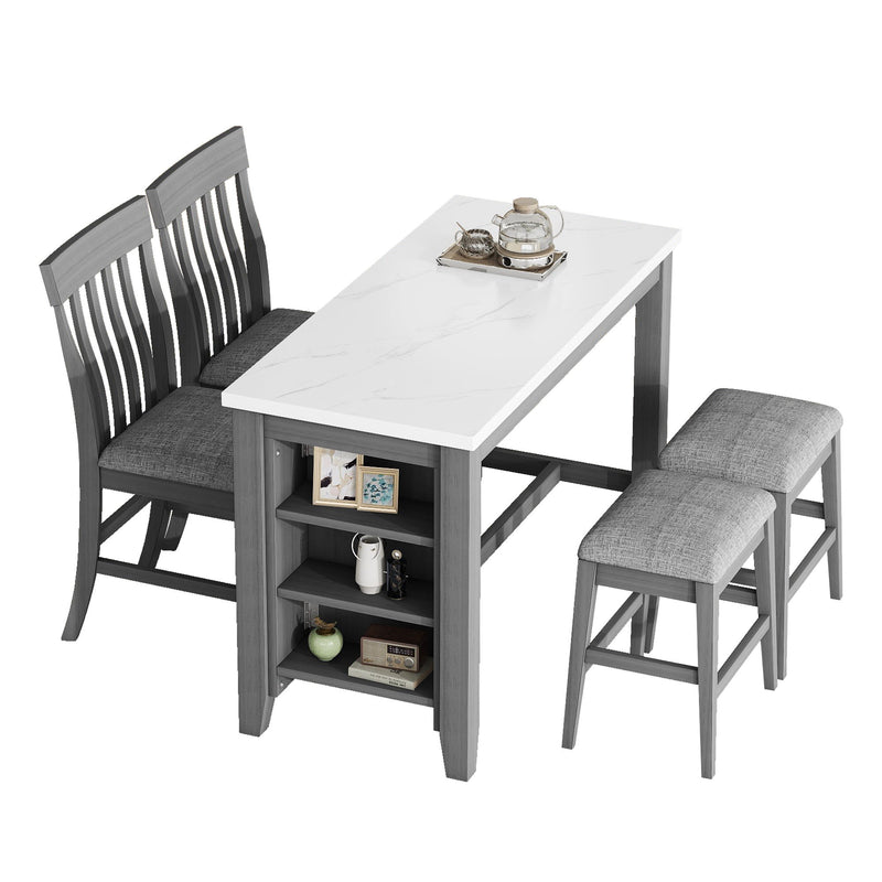 5 Piece Counter Height Dining Table Set With Built-In Storage Shelves - Gray