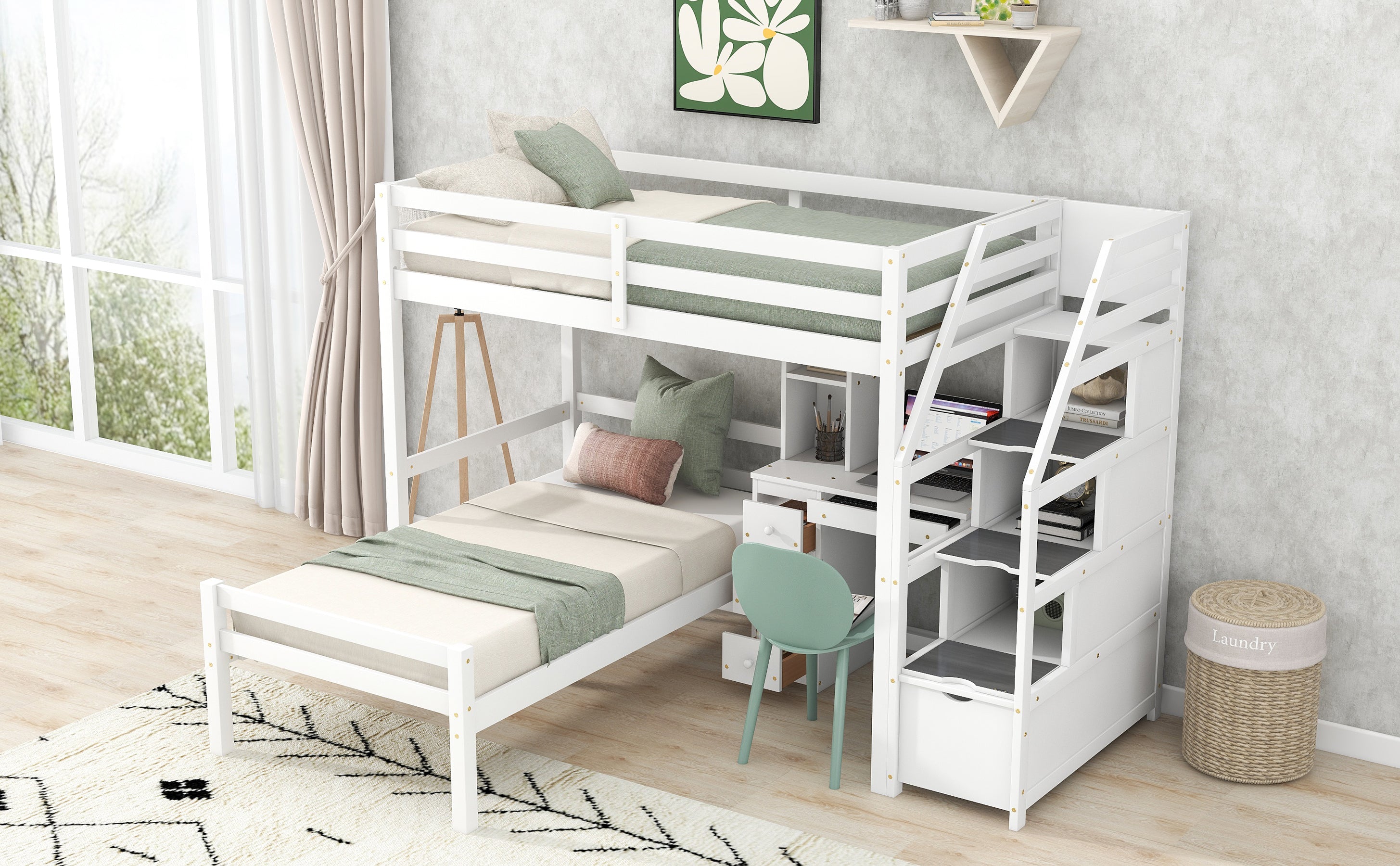 Twin Size Loft Bed with a Stand-alone Bed, Storage Staircase, Desk, Shelves and Drawers, White - Atlantic Fine Furniture Melbourne FL