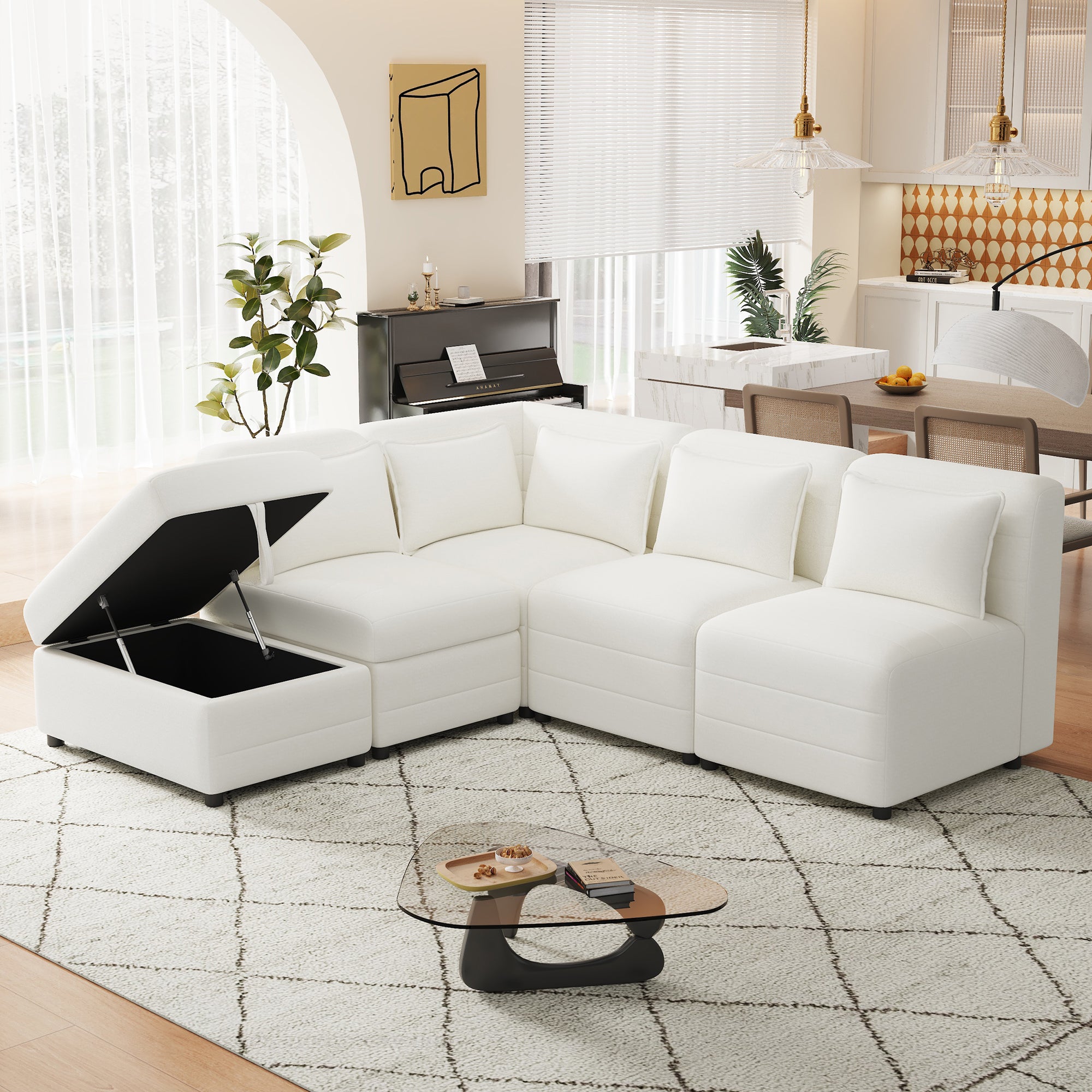 Free-Combined Sectional Sofa 5-seater Modular Couches with Storage Ottoman, 5 Pillows for Living Room, Bedroom, Office, Cream