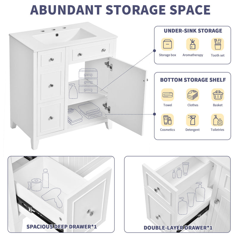 Bathroom Vanity Cabinet With Ceramic Basin, Double-Layer Drawer, Deep Drawer And Adjustable Shelf