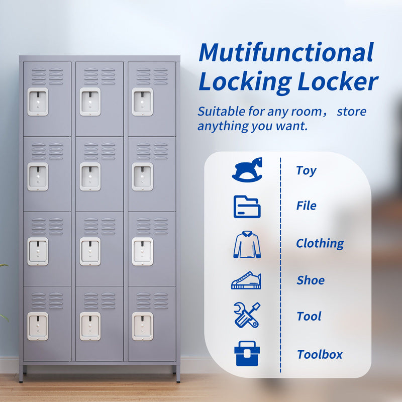 12 Door Lockers With Lock For Secure Storage Construction - Gray