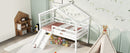Twin Low Loft House Bed with Slide,  Ladder, Safety Guardrails, House Roof Frame,White