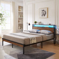 Metal Platform Bed Frame With Wooden Headboard And Footboard With USB Liner, LED Lights, No Box Spring Needed, Large Under Bed Storage