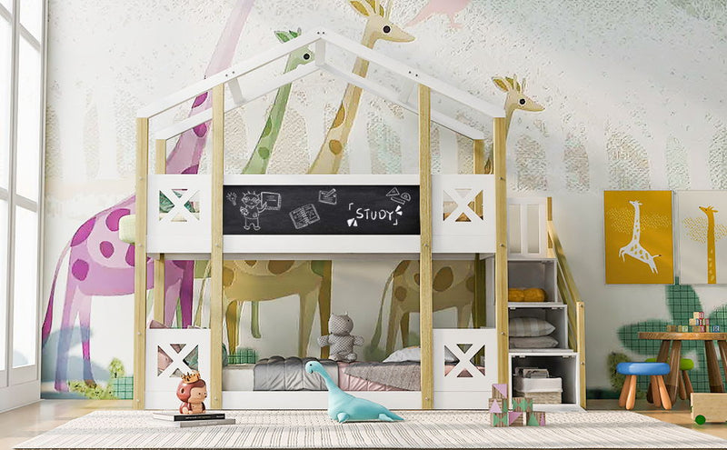 Twin Over Twin House Bunk Bed With White Storage Staircase And Blackboards - White
