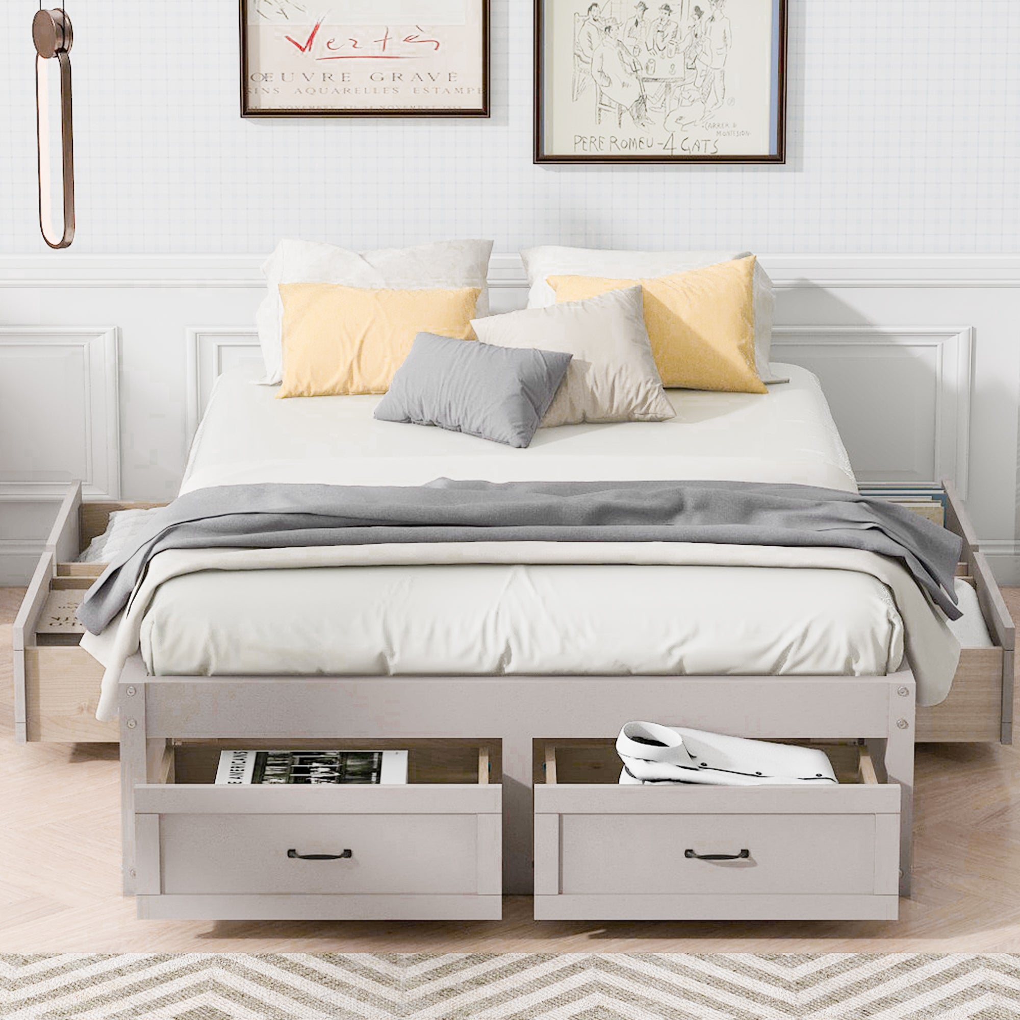 Full Size Platform Bed with 6 Storage Drawers,Antique White - Atlantic Fine Furniture Melbourne FL