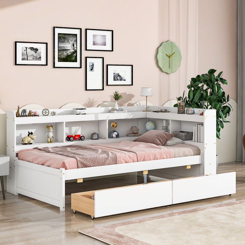 Twin Bed With L-Shaped Bookcases, Drawers