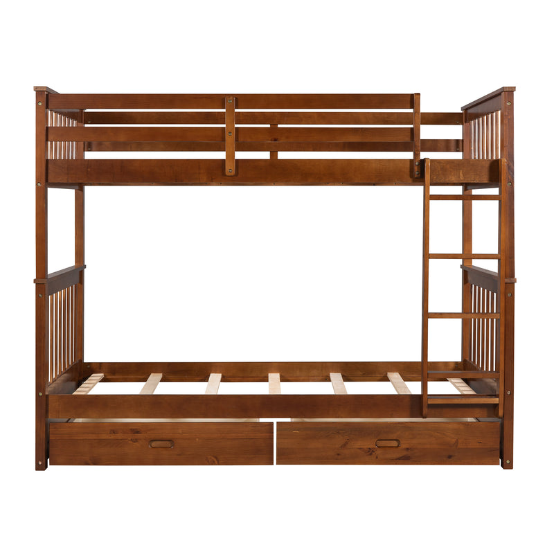 Twin-Over-Twin Bunk Bed with Ladders and Two Storage Drawers (Walnut)(OLD SKU:LT000265AAD)