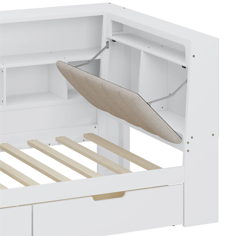 L Shaped Daybed With Desk, Bookcase, Upholstered Headboard, Drawers, And LED Light