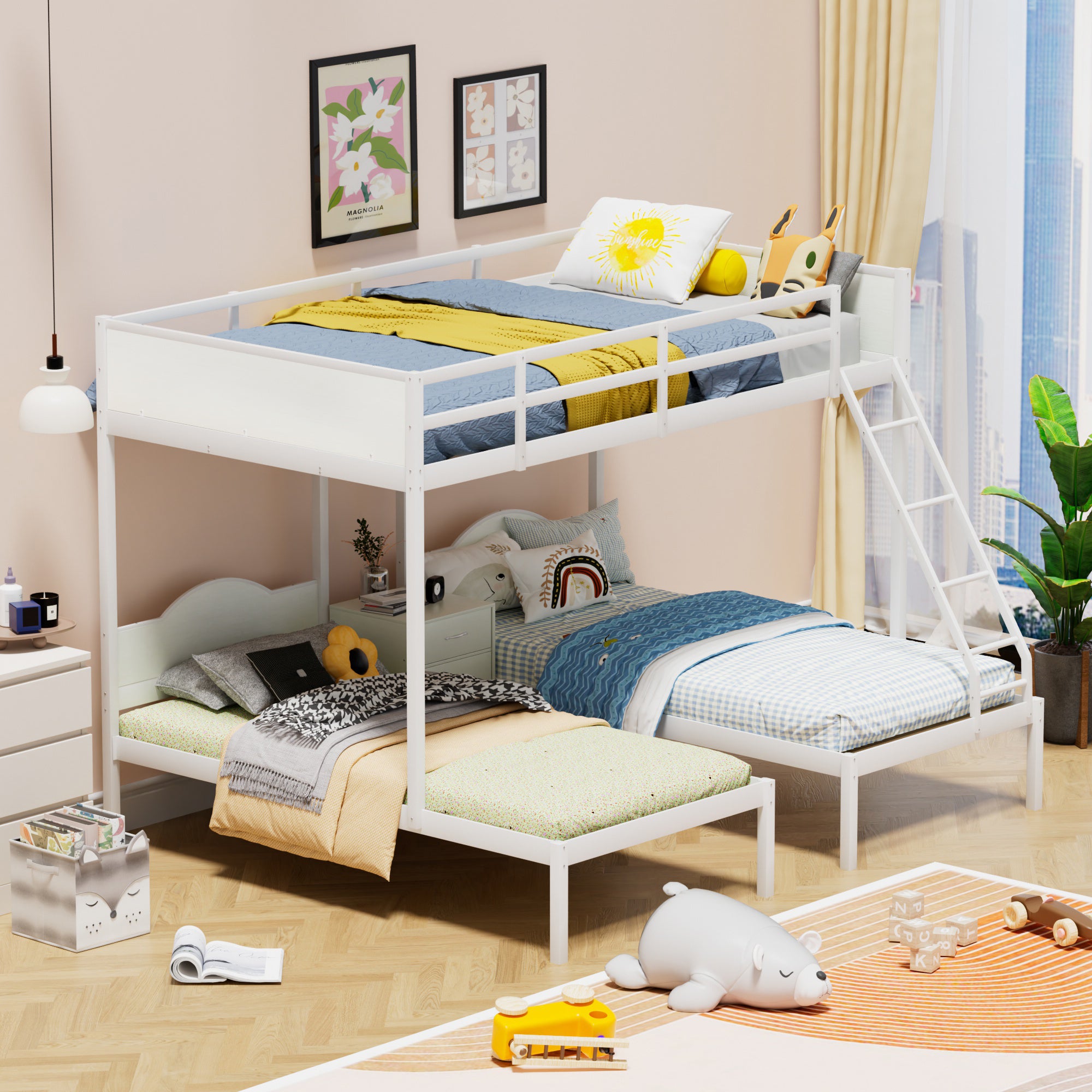 Full Over Twin & Twin Bunk Bed Metal Triple Bed With Nightstand and Guardrails. White, 96.9'' L x 76'' W x 69'' H