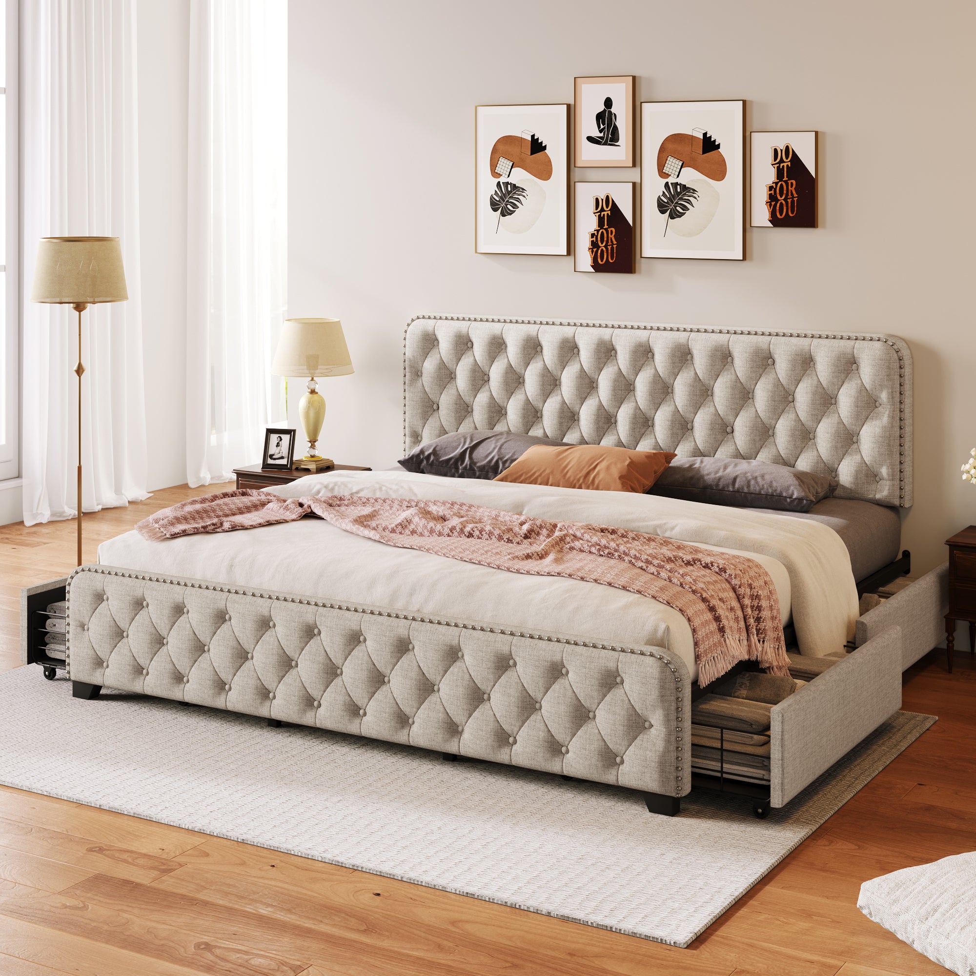 Upholstered Platform Bed Frame with Four Drawers, Button Tufted Headboard and Footboard Sturdy Metal Support, No Box Spring Required, Beige, King (Old sku:BS300277AAA) - Atlantic Fine Furniture Melbourne FL