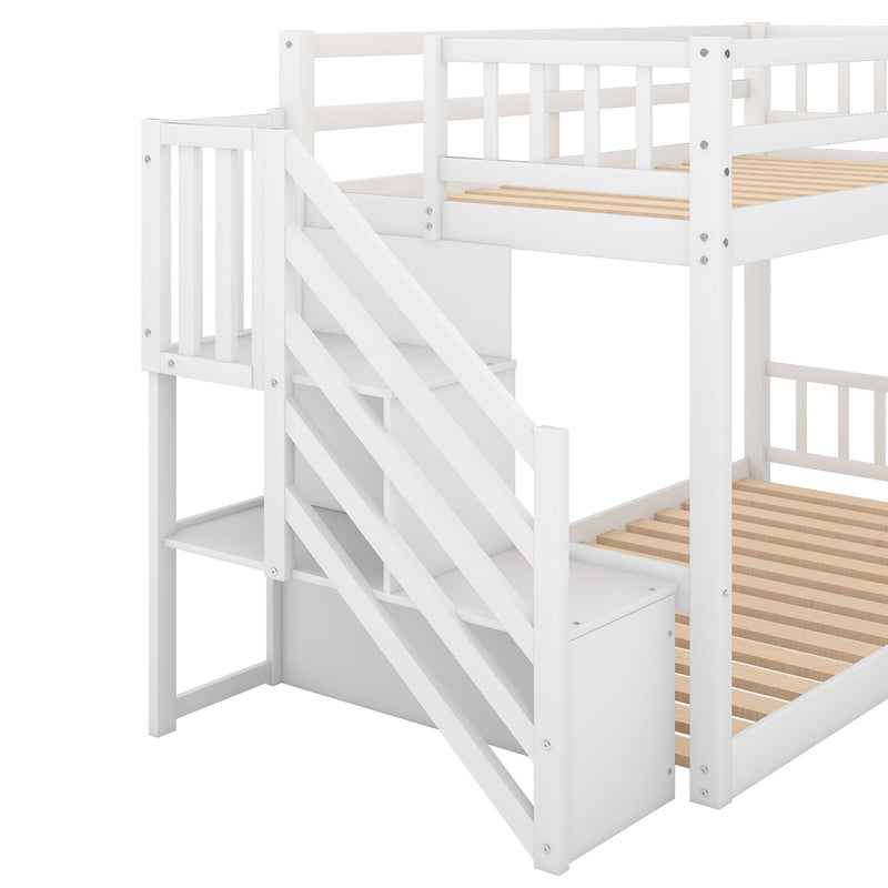 Twin Over Twin Floor Bunk Bed, Ladder With Storage