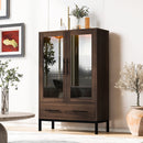 Modern Style Tall Display Cabinet With LED Lighting, Tempered Glass Door, 2 Drawers