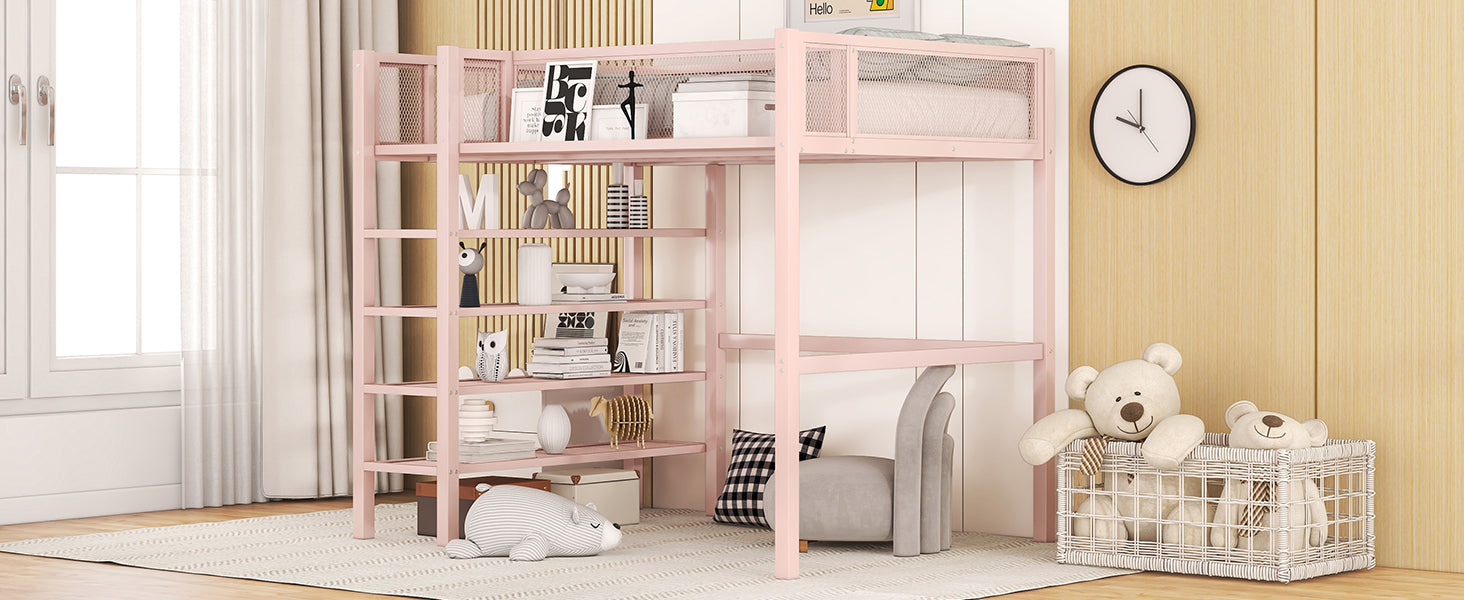 Twin Size Metal Loft Bed with 4-Tier Shelves and Storage, Pink - Atlantic Fine Furniture Melbourne FL