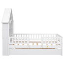 Twin Size House-Shaped Headboard with Fence Guardrails and Trundle,White