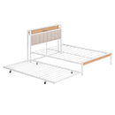 Full Size Metal Platform Bed Frame with Twin size trundle, Upholstered headboard, Sockets, USB Ports and Slat Support, No Box Spring Needed, White