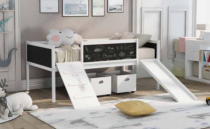 Twin size Loft Bed Wood Bed with Two Storage Boxes - White( old sku: LP000075AAK )