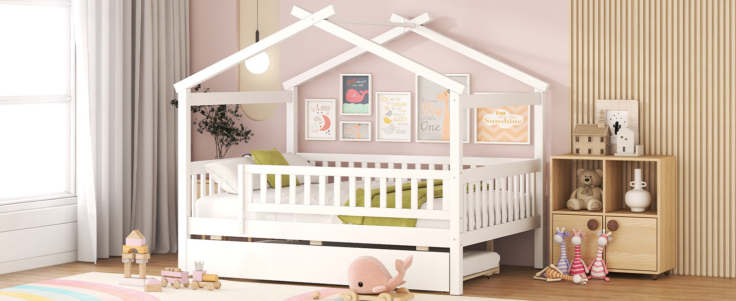 Full Size Wooden House Bed with Twin Size Trundle, White - Atlantic Fine Furniture Melbourne FL