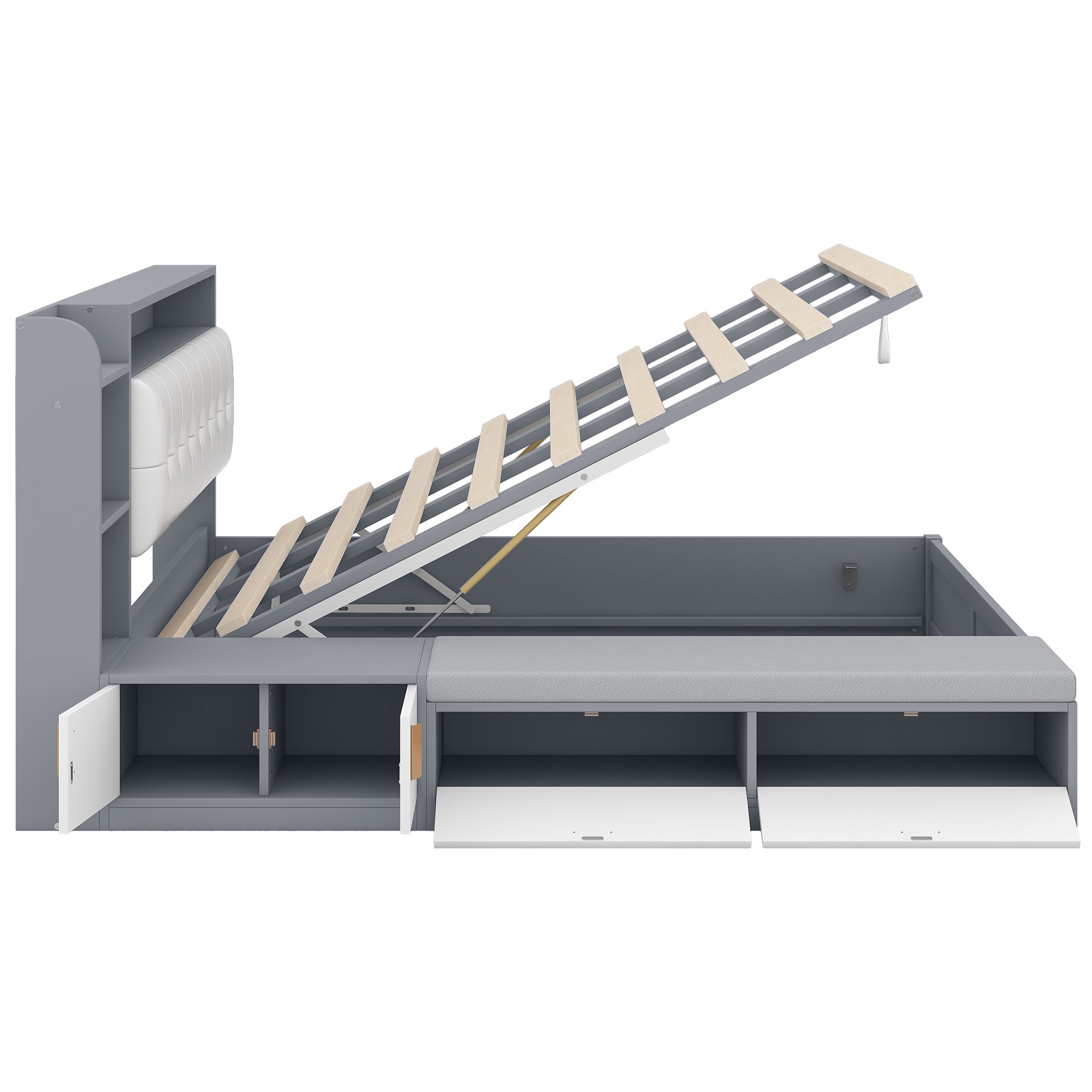 Queen Size Platform Bed Frame with Upholstery Headboard and Storage Shelves and,USB Charging,Gray - Atlantic Fine Furniture Melbourne FL