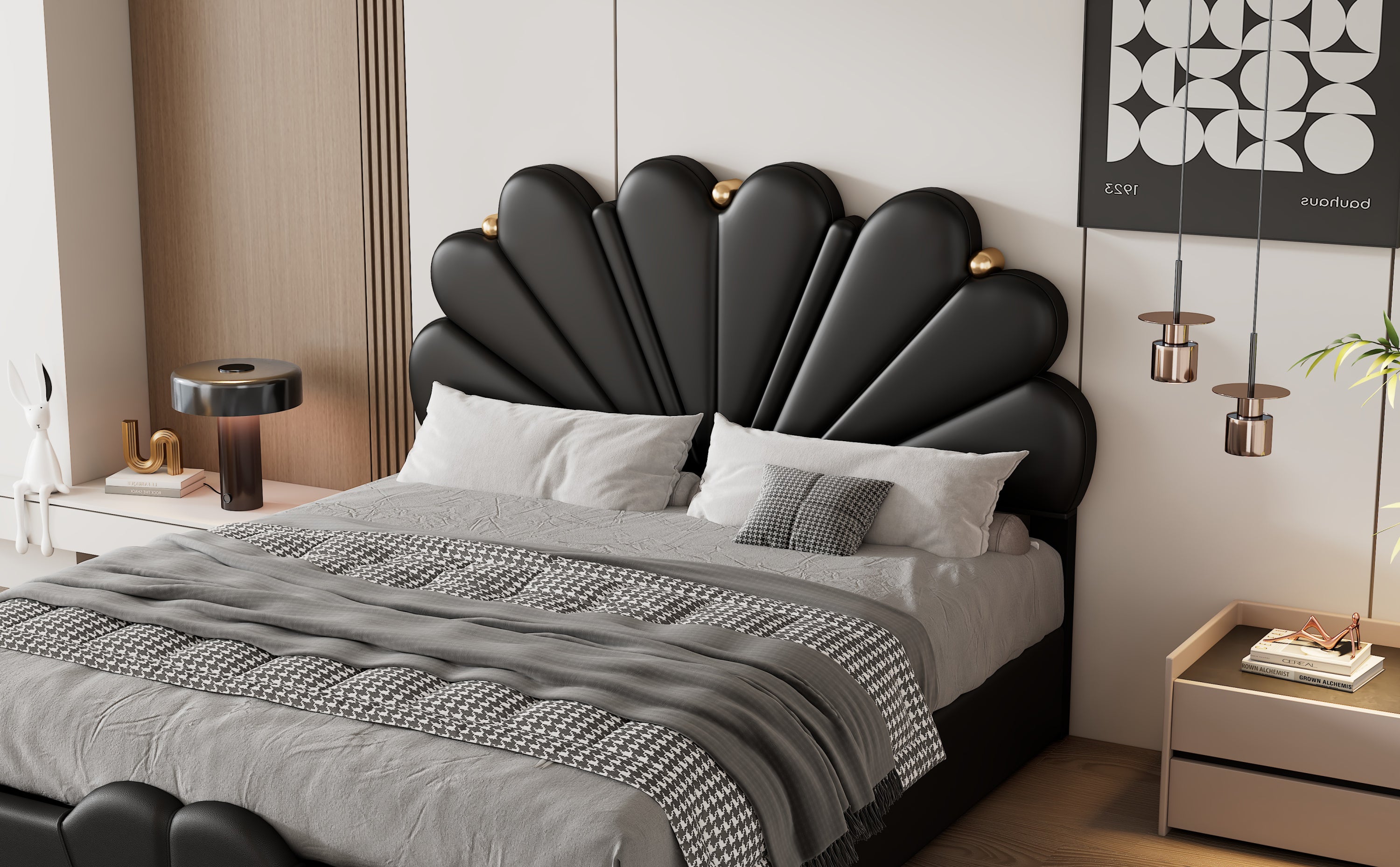 Queen Size Upholstered  Petal Shaped Platform Bed  with Hydraulic Storage System, PU Storage Bed, Decorated with metal balls, Black - Atlantic Fine Furniture Melbourne FL