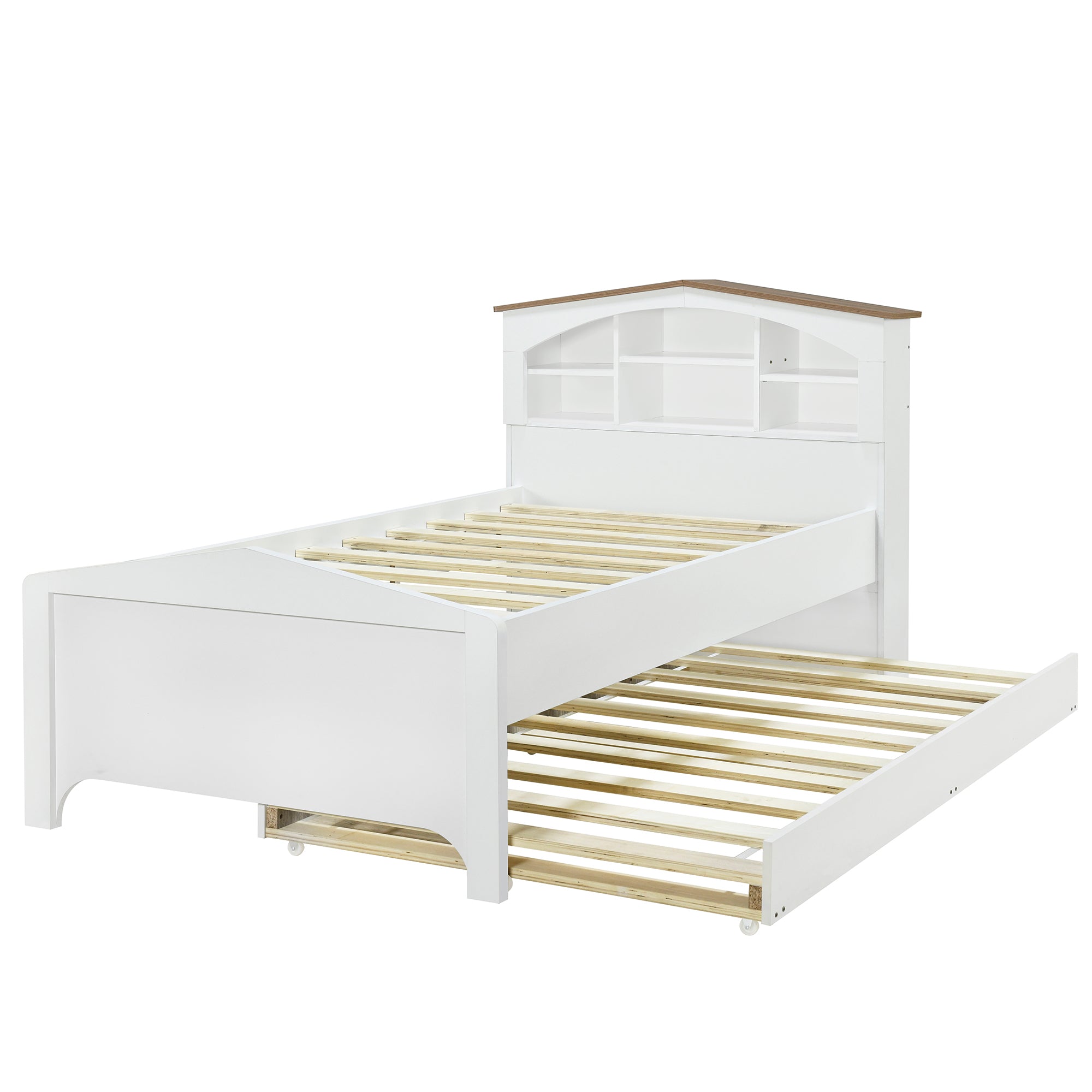 Twin Size Wood Platform Bed with House-shaped Storage Headboard and Trundle, White - Atlantic Fine Furniture Melbourne FL